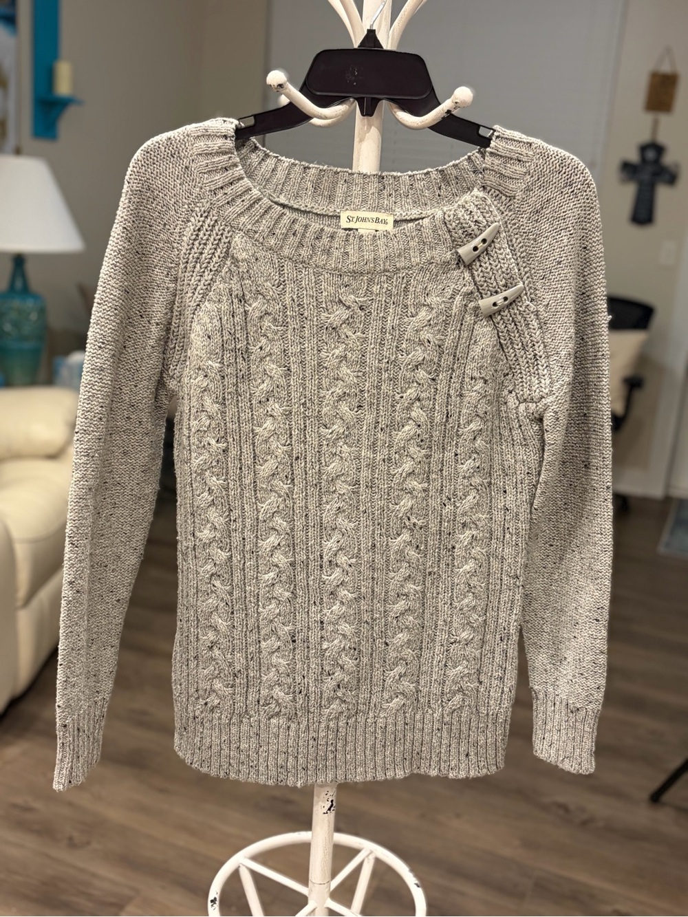 St. John's Bay Light Gray Cable Knit Crew Sweater with Shoulder Buttons